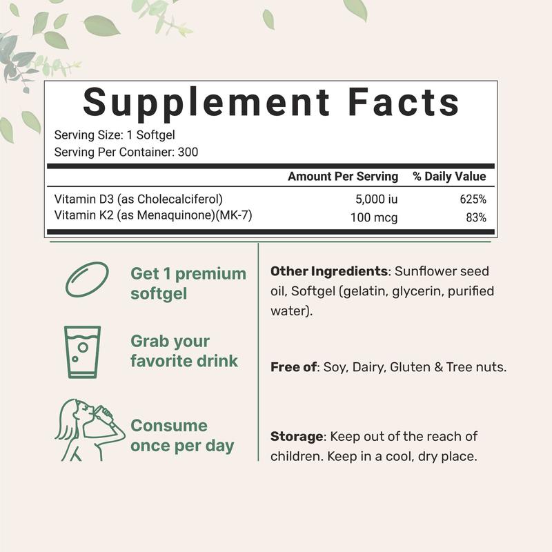 Micro Ingredients Vitamin D3 K2 5000IU Softgels | Infused with Sunflower Seed Oil, Vitamin K2 MK7 + Vitamin D Supplement, Non-GMO, No Gluten