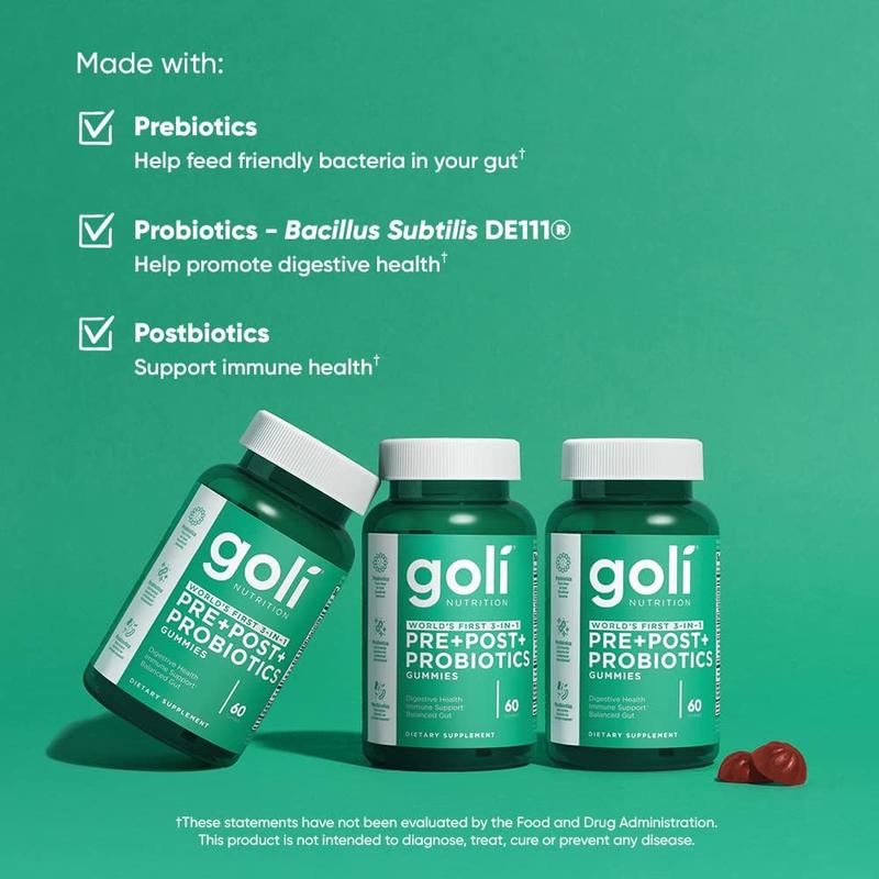 Goli Pre, Post, Probiotics Gummy - World's First 3-in-1 Gluten-Free, Vegan, Non-GMO, and Gelatin-Free.