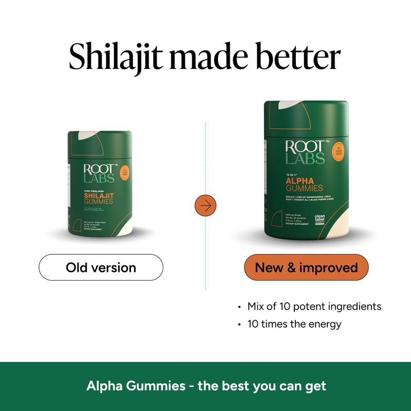 Root Labs Alpha Shilajit Gummies 4000 mg | Energy, Stamina & Focus | Zero Sugar | KSM-66 Ashwagandha, Tongkat Ali, Maca Root | 60 Pack
