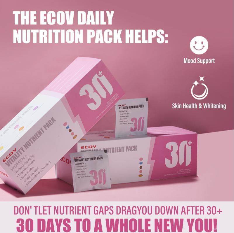 ECOV Vitality Nutrient Pack Mujeres 30+ | 15 en 1 Multivitamínico con Niacinamida, Vitamina C, Complejo B y NAD+ | Energía, Piel e Inmunidad | Orgánico, sin Gluten ni OGM | Antienvejecimiento, Digestión, Huesos y Salud de la Piel - Fitness