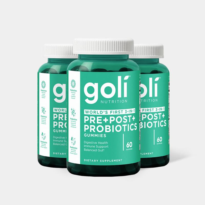 Goli Pre, Post, Probiotics Gummy - World's First 3-in-1 Gluten-Free, Vegan, Non-GMO, and Gelatin-Free.