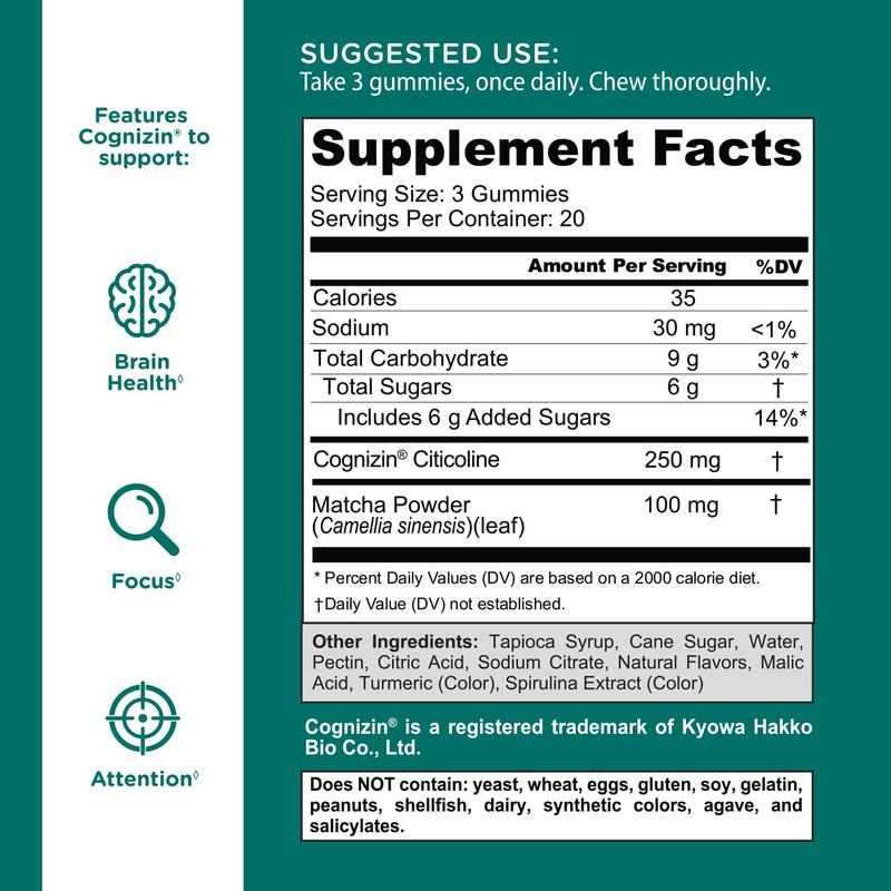Goli Matcha Mind Gummies - Green Tea Leaves Powder with Cognizin for Focus, Attention and Brain Health, Vegan, Non-GMO, Gluten-Free & Gelatin FreeGoli