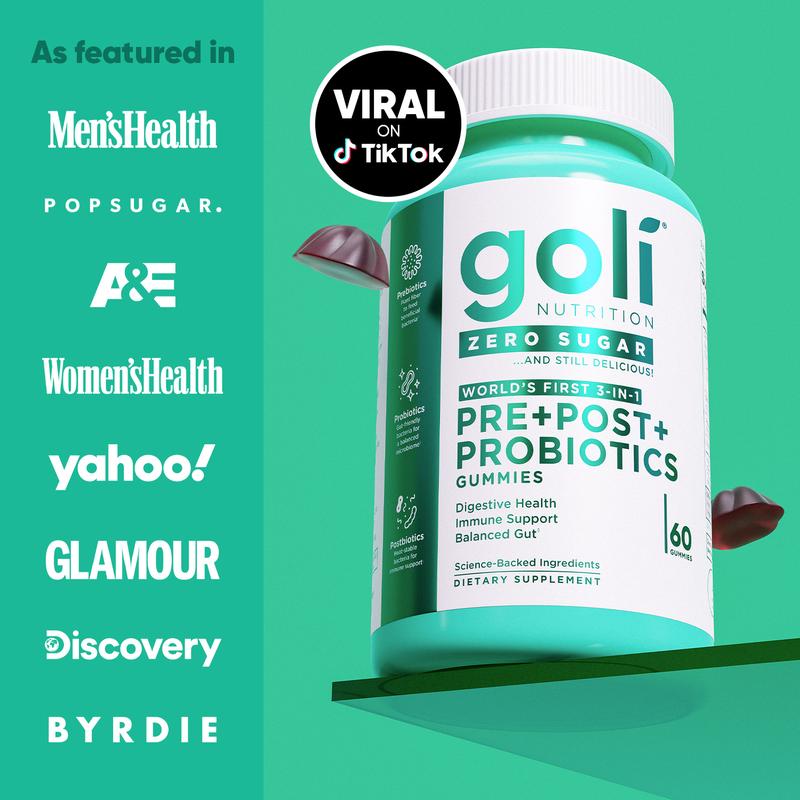 Goli Zero Sugar World's First 3-in-1 Pre, Post, Probiotic Gummies - Gluten Free, Vegan, Non-GMO, & Gelatin-Free.