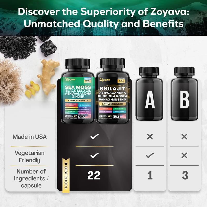 Dynamic Vitality Bundle - Zoyava Sea Moss & Shilajit Supplements - All-in-One Multivitamin Combo with Extra Strength Ingredients - MADE IN USA