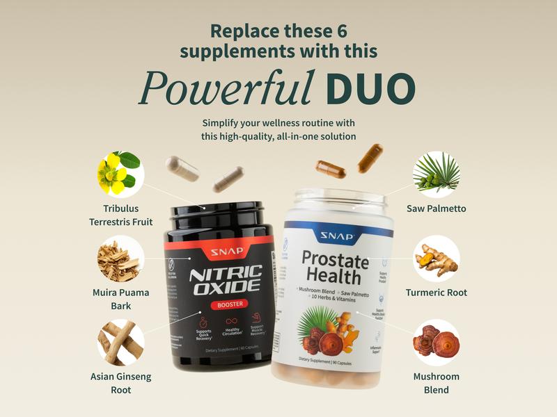 Ultimate Men's Health Bundle - Snap Supplements - Nitric Oxide Booster 60ct + Prostate Health Bundle - Natural Supplement Capsules - Support Blood Circulation & Prostate Health