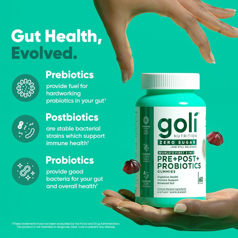 Goli Zero Sugar World's First 3-in-1 Pre, Post, Probiotic Gummies - Gluten Free, Vegan, Non-GMO, & Gelatin-Free.