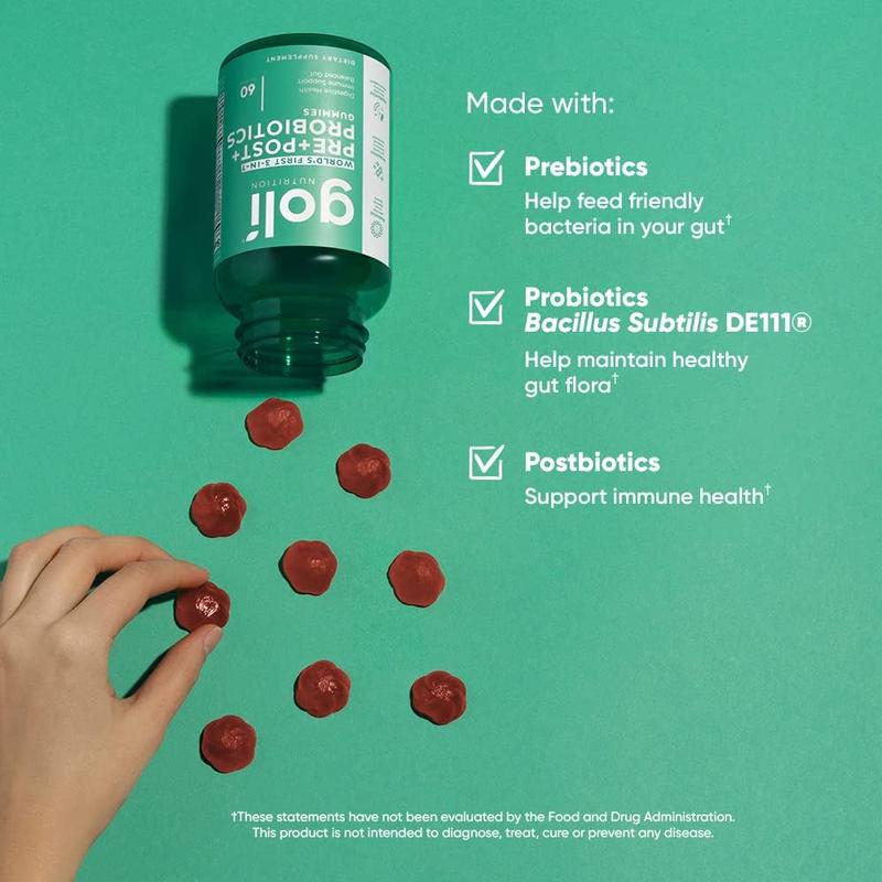Goli Pre, Post, Probiotics Gummy - World's First 3-in-1 Gluten-Free, Vegan, Non-GMO, and Gelatin-Free.