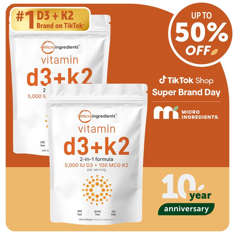 Micro Ingredients Vitamin D3 K2 5000IU Softgels | Infused with Sunflower Seed Oil, Vitamin K2 MK7 + Vitamin D Supplement, Non-GMO, No Gluten