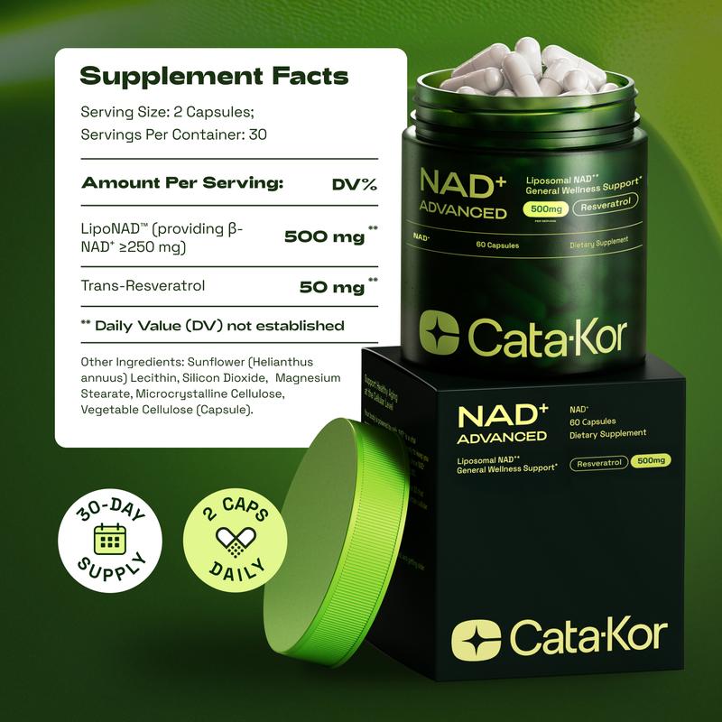 Cata-Kor NAD+ Advanced - NAD+ Supplement for Energy & Healthy Aging - 500mg per Serving - 60 Count (30 Day Supply) - Previously known as Reus Research NR 900
