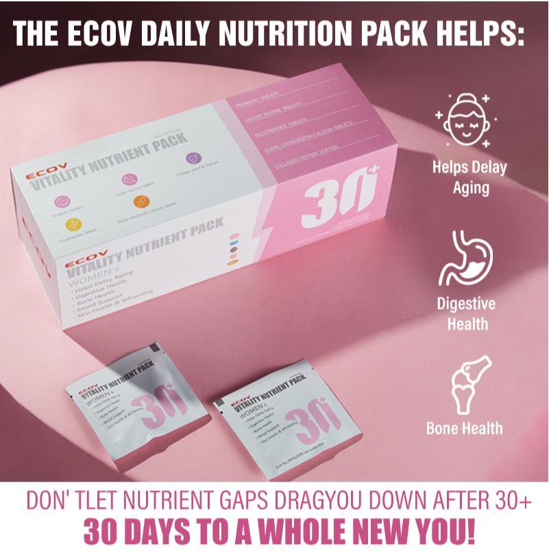 ECOV Vitality Nutrient Pack Mujeres 30+ | 15 en 1 Multivitamínico con Niacinamida, Vitamina C, Complejo B y NAD+ | Energía, Piel e Inmunidad | Orgánico, sin Gluten ni OGM | Antienvejecimiento, Digestión, Huesos y Salud de la Piel - Fitness