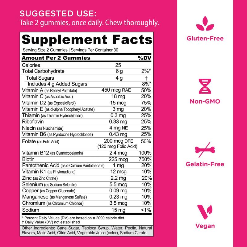 Women's Complete Multi Gummies 2-Pack: All 13 Essential Vitamins, All B Vitamins, Vitamin C, A, D, E, K, Zinc, Biotin and more. Healthy Hair, Skin & Nails, Eyes, Immune, Brain & Nervous system, Heart Health. Gluten-Free, Vegan, Non-GMO, and Gelatin-F