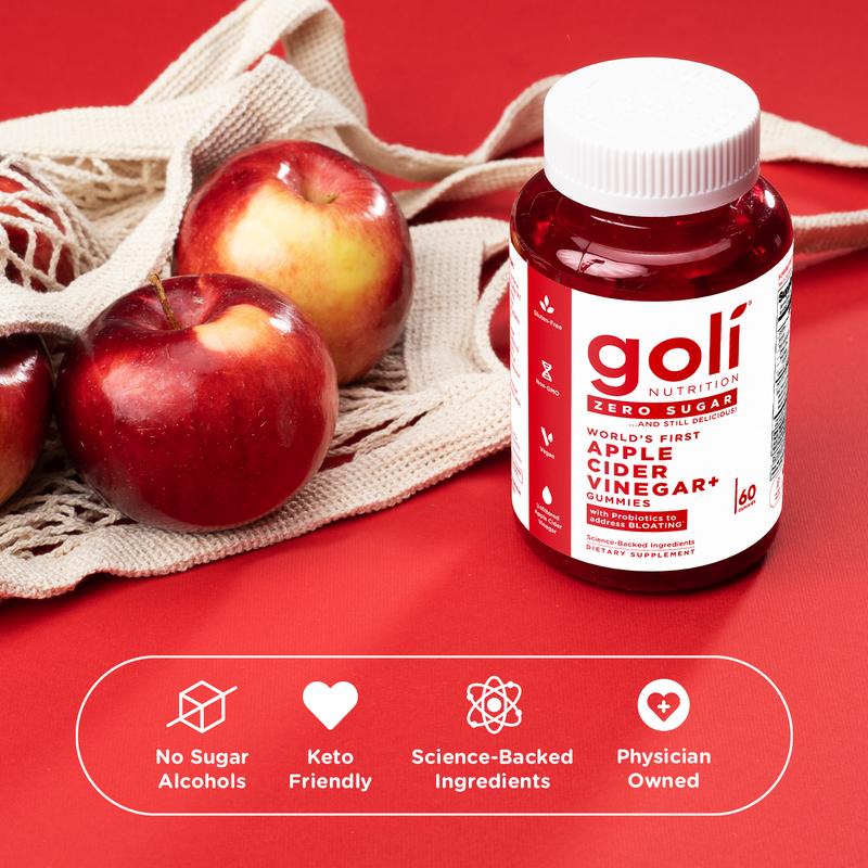 Goli Zero Sugar World's First Apple Cider Vinegar Gummies - Vitamin B12, Probiotics to Address Bloating. Vegan, Plant Based, Non-GMO, Gluten-Free & Gelatin-Free