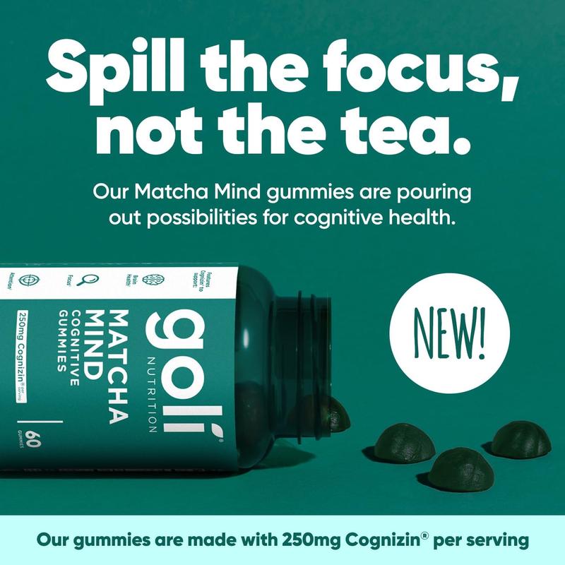 Goli Matcha Mind Gummies - Green Tea Leaves Powder with Cognizin for Focus, Attention and Brain Health, Vegan, Non-GMO, Gluten-Free & Gelatin FreeGoli