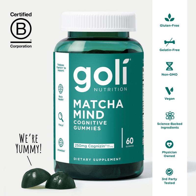 Goli Matcha Mind Gummies - Green Tea Leaves Powder with Cognizin for Focus, Attention and Brain Health, Vegan, Non-GMO, Gluten-Free & Gelatin FreeGoli