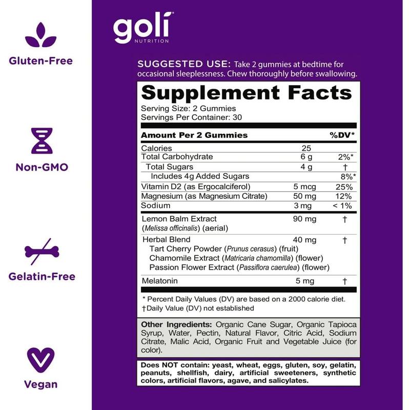 Goli Dreamy Sleep Gummy - Melatonin, Vitamin D, Magnesium, Lemon Balm Extract, Gelatin-Free, Gluten-Free, Vegan & Non-GMO