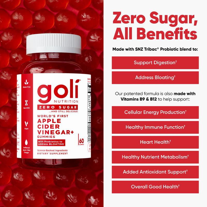 Goli Zero Sugar World's First Apple Cider Vinegar Gummies - Vitamin B12, Probiotics to Address Bloating. Vegan, Plant Based, Non-GMO, Gluten-Free & Gelatin-Free