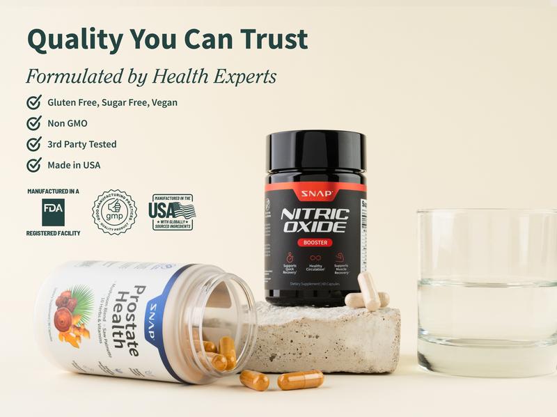 Ultimate Men's Health Bundle - Snap Supplements - Nitric Oxide Booster 60ct + Prostate Health Bundle - Natural Supplement Capsules - Support Blood Circulation & Prostate Health