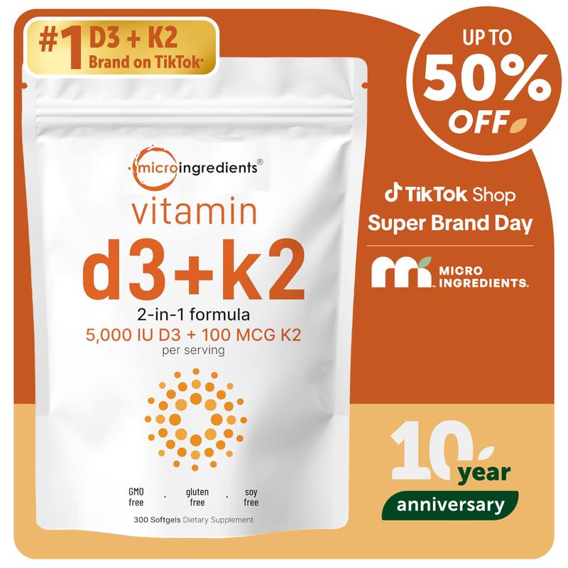 Micro Ingredients Vitamin D3 K2 5000IU Softgels | Infused with Sunflower Seed Oil, Vitamin K2 MK7 + Vitamin D Supplement, Non-GMO, No Gluten