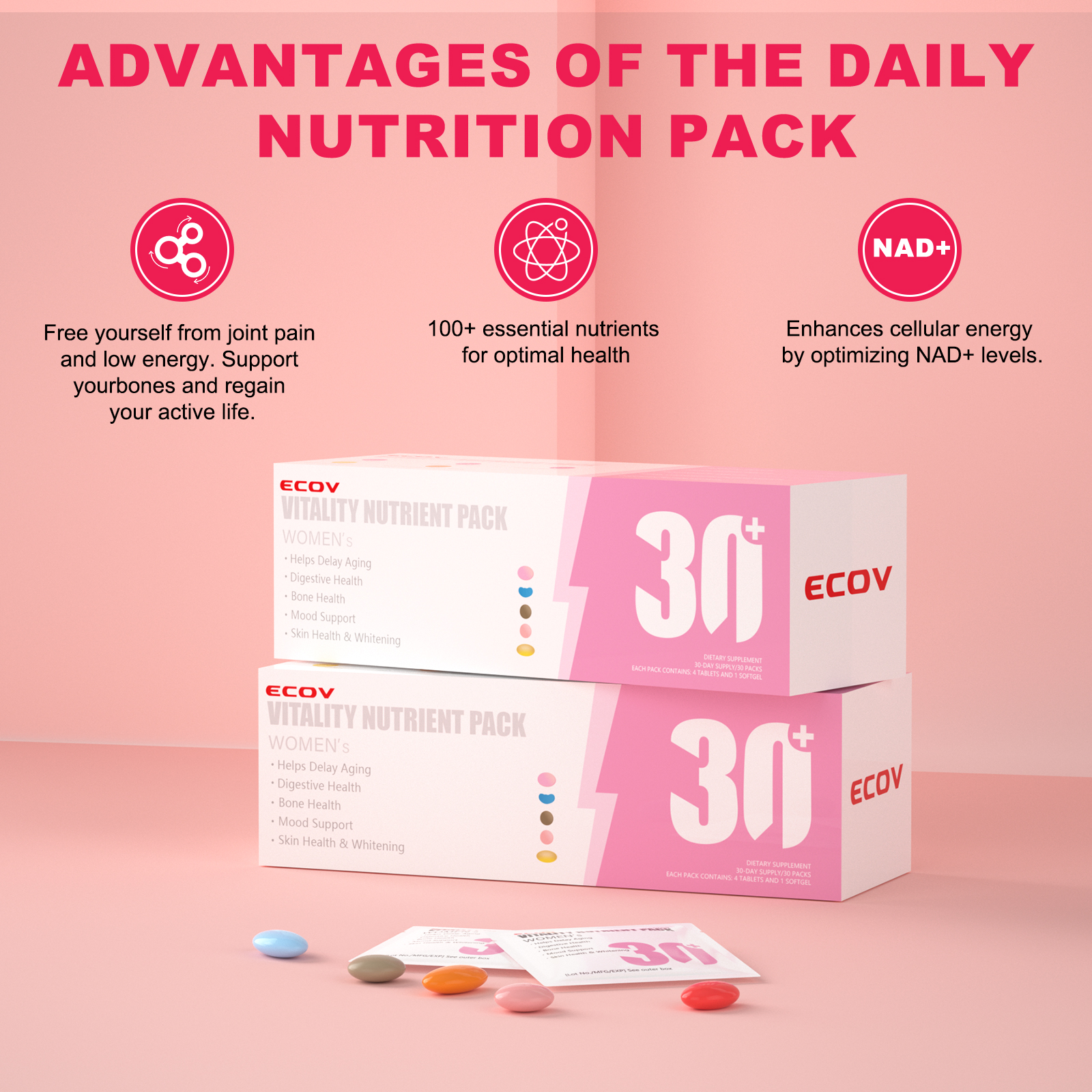 ECOV Vitality Nutrient Pack Mujeres 30+ | 15 en 1 Multivitamínico con Niacinamida, Vitamina C, Complejo B y NAD+ | Energía, Piel e Inmunidad | Orgánico, sin Gluten ni OGM | Antienvejecimiento, Digestión, Huesos y Salud de la Piel - Fitness