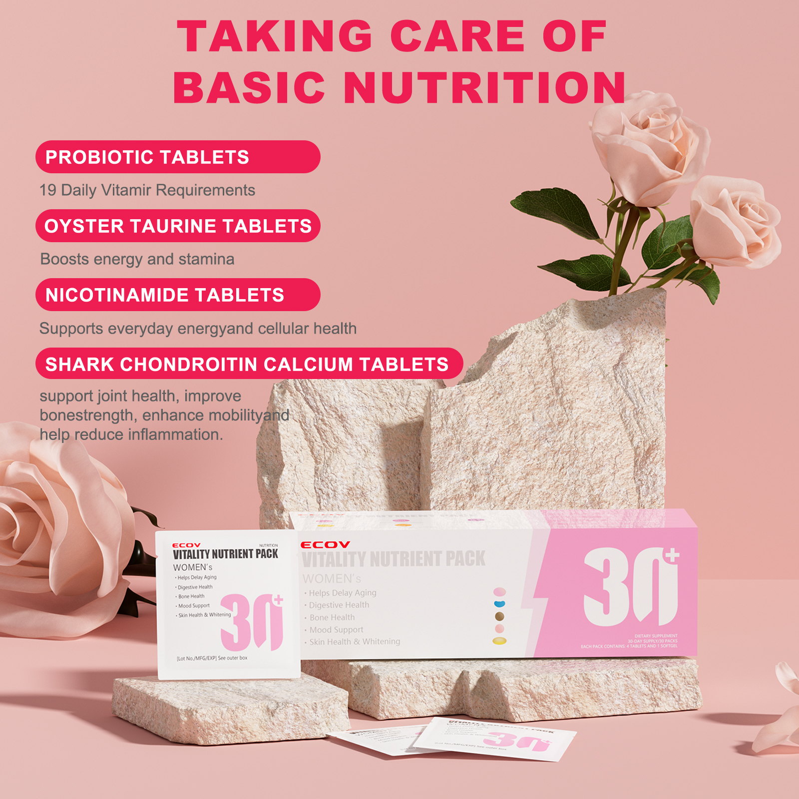ECOV Vitality Nutrient Pack Mujeres 30+ | 15 en 1 Multivitamínico con Niacinamida, Vitamina C, Complejo B y NAD+ | Energía, Piel e Inmunidad | Orgánico, sin Gluten ni OGM | Antienvejecimiento, Digestión, Huesos y Salud de la Piel - Fitness