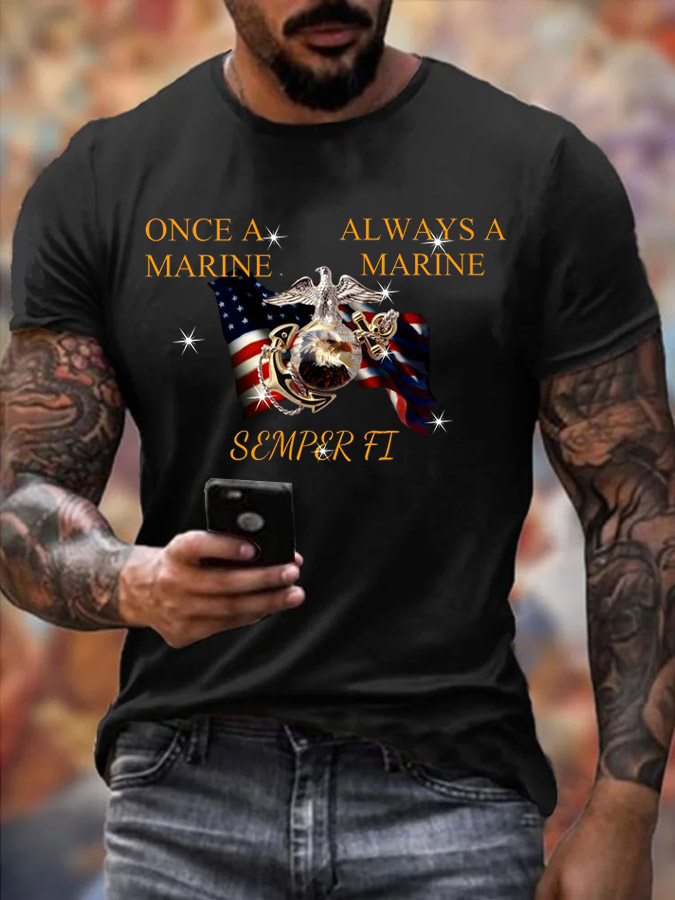 Men's Once A Marine  Always A Marine Semper Fi Pattern Print Cotton T-Shirt