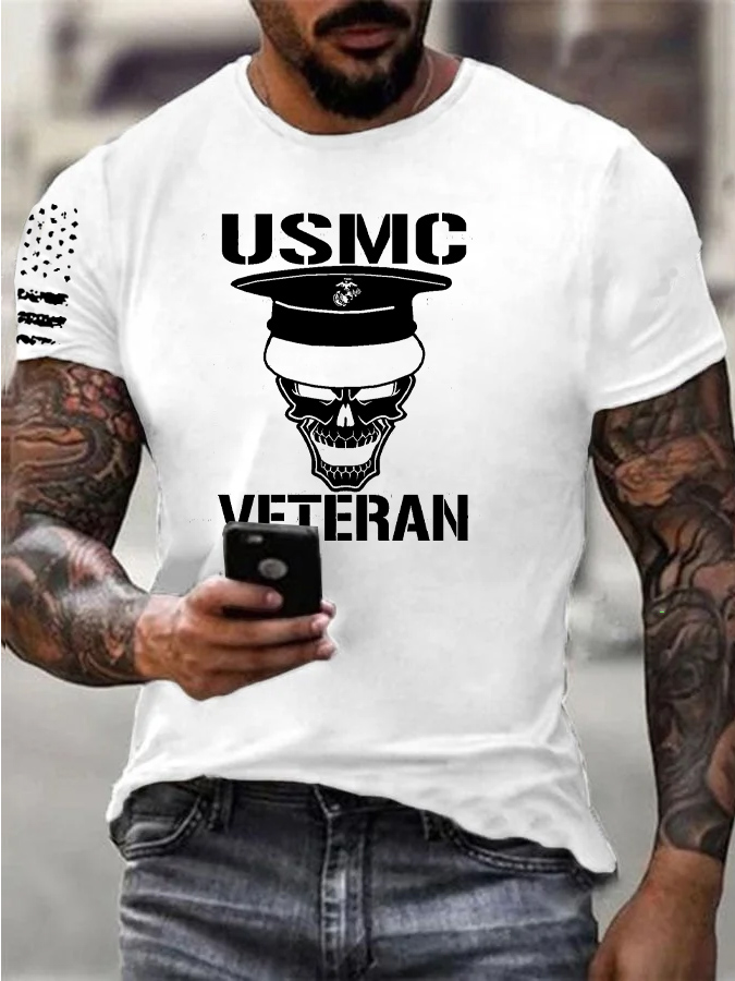 Usmc Skull Veteran Pattern Print 100% Cotton T-Shirt
