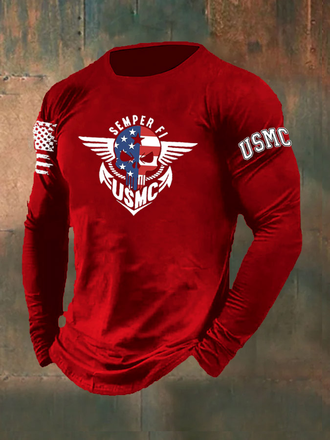 Men's Skull American Flag Semper Fi Pattern Long Sleeve T-Shirt