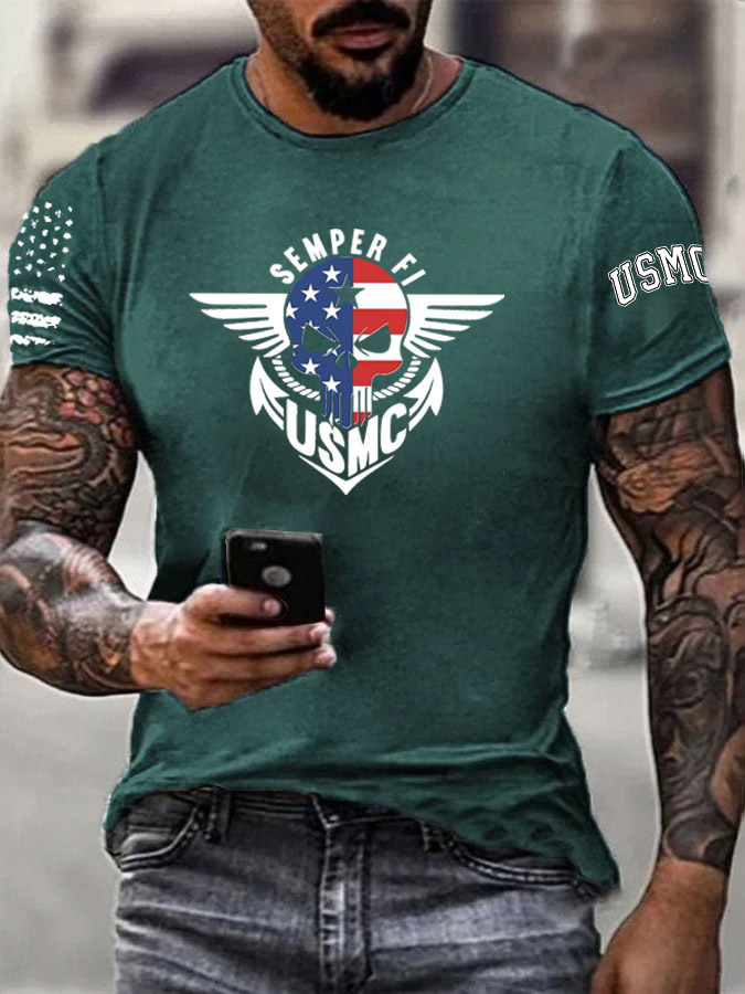 Men's Usmc Semper Fi American Flag Skull Pattern Print Cotton T-Shirt