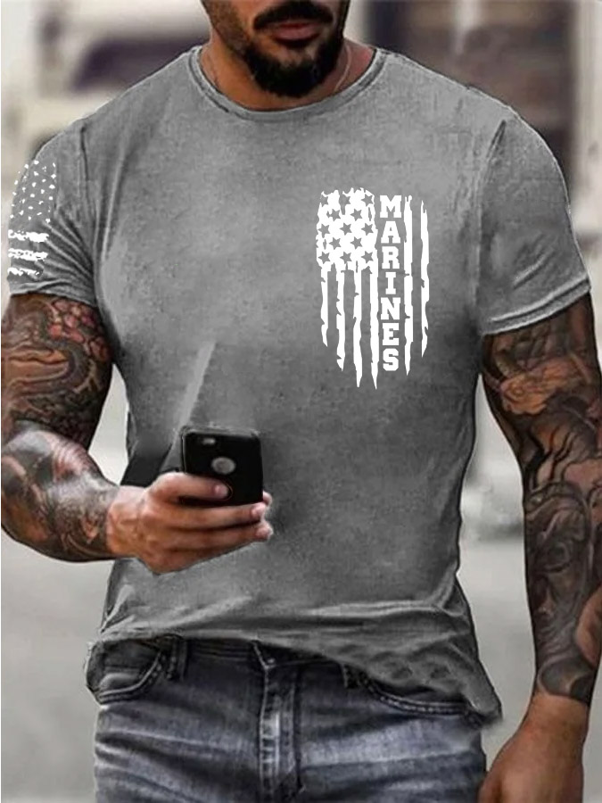 Men'S Simple Marines American Flag Pattern Print Cotton T-Shirt