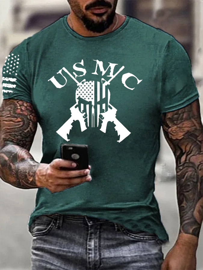 Usmc Skull Pattern Print 100%Cotton T-Shirt