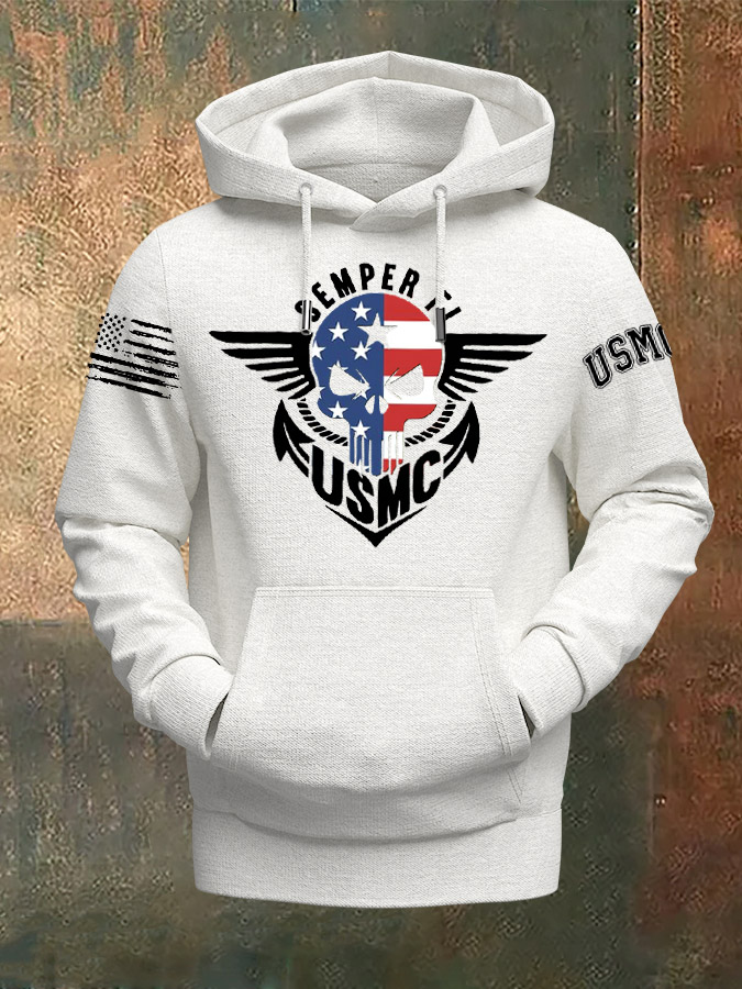 Skull American Flag Semper Fi Pattern Print Classic Hoodie
