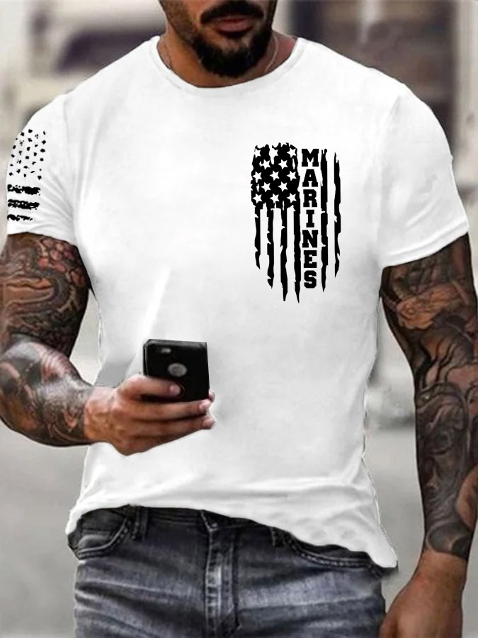 Men'S Simple Marines American Flag Pattern Print Cotton T-Shirt