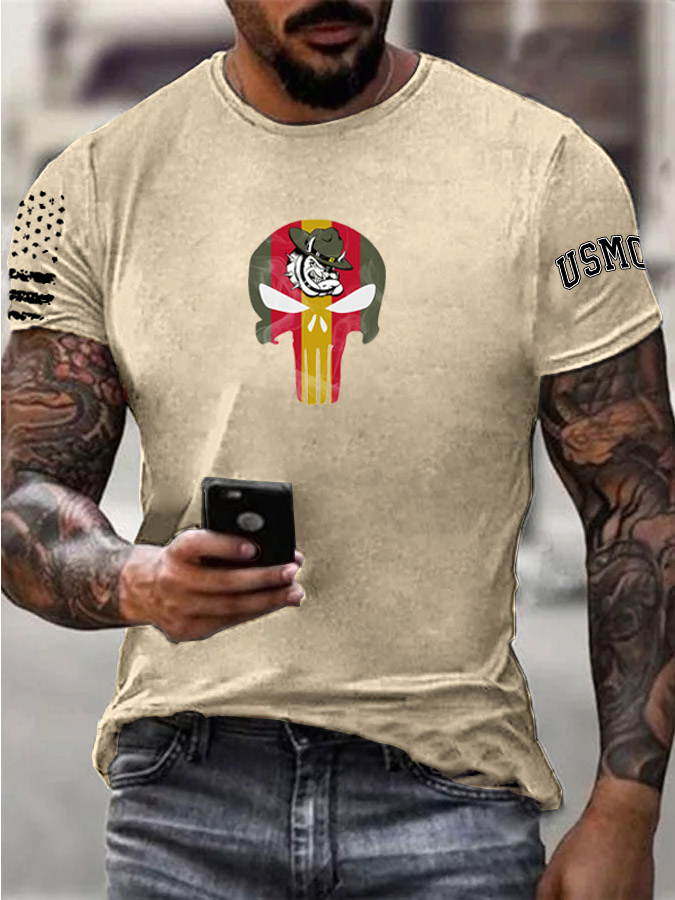 Men's Bulldog Skull Pattern Print 100%Cotton T-Shirt