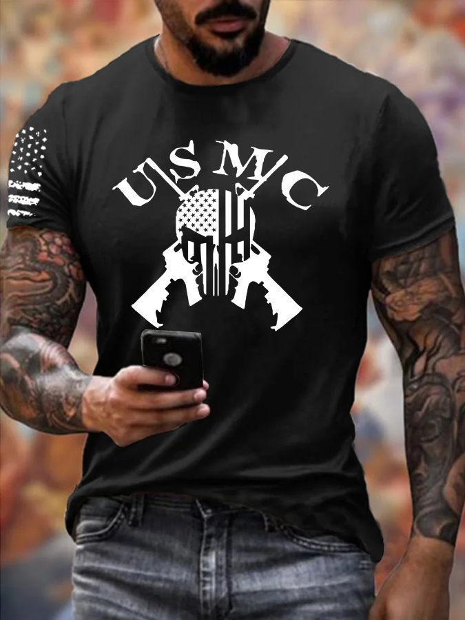 Usmc Skull Pattern Print 100%Cotton T-Shirt