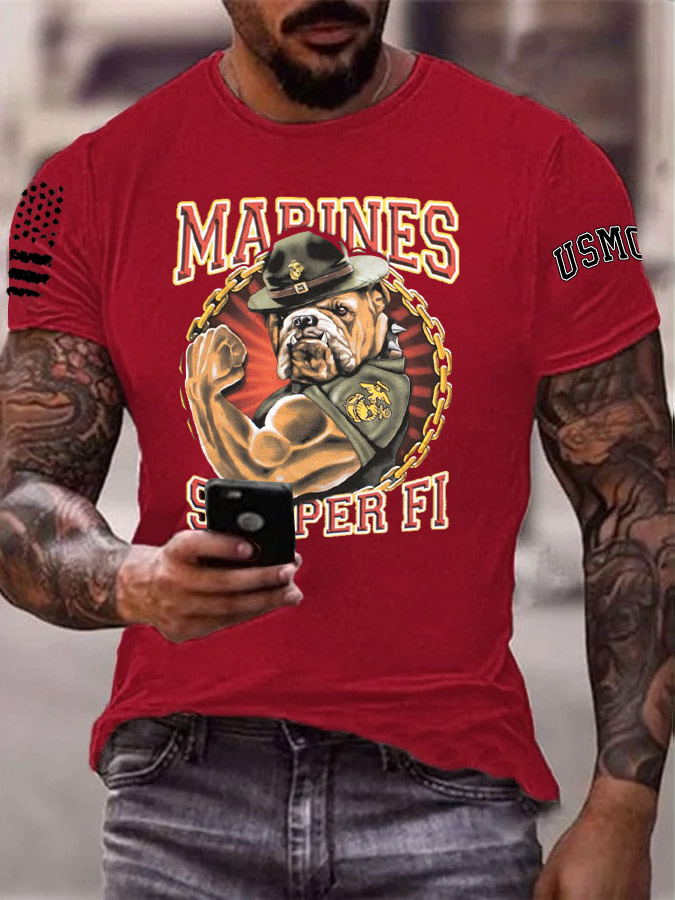 Men's Marines Semper Fi Strong Bulldogs Pattern Print Cotton T-Shirt