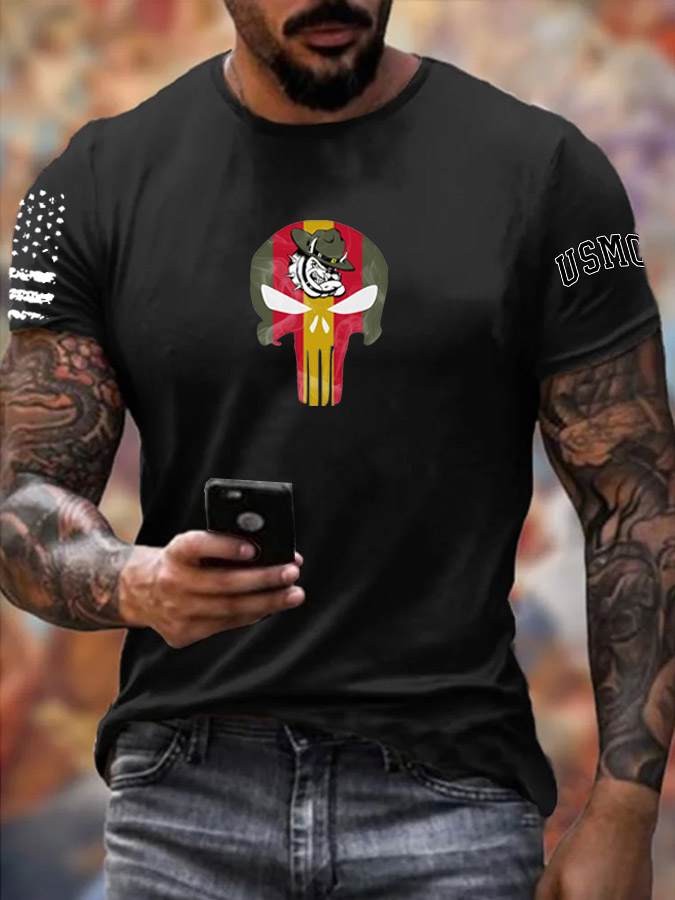 Men's Bulldog Skull Pattern Print 100%Cotton T-Shirt