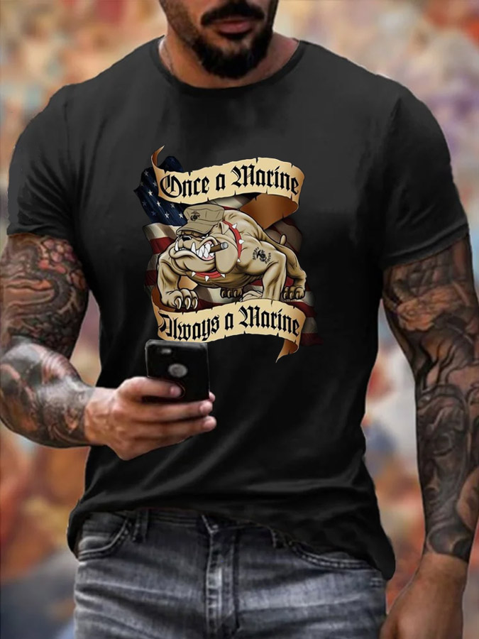 Men's Cool Once A Marine  Always A Marine Bulldog Pattern Print Cotton T-Shirt
