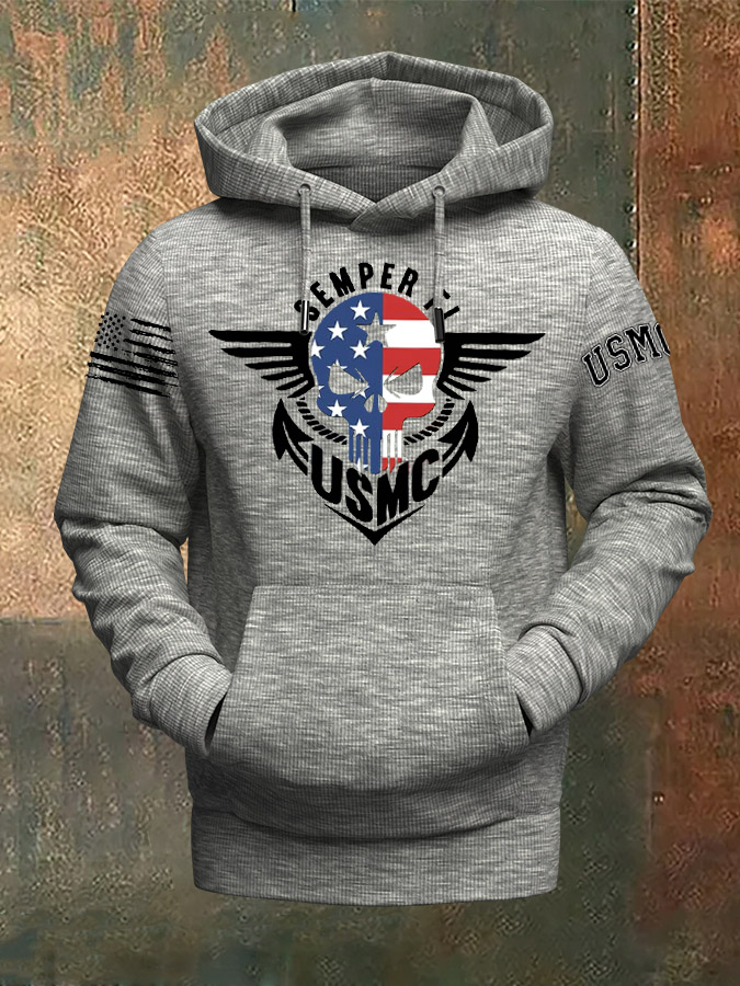 Skull American Flag Semper Fi Pattern Print Classic Hoodie