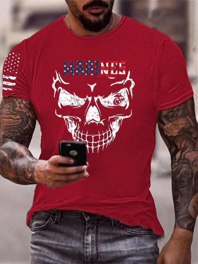 Marines Skull  Pattern Print 100% Cotton T-Shirt