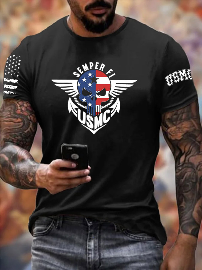 Men's Usmc Semper Fi American Flag Skull Pattern Print Cotton T-Shirt