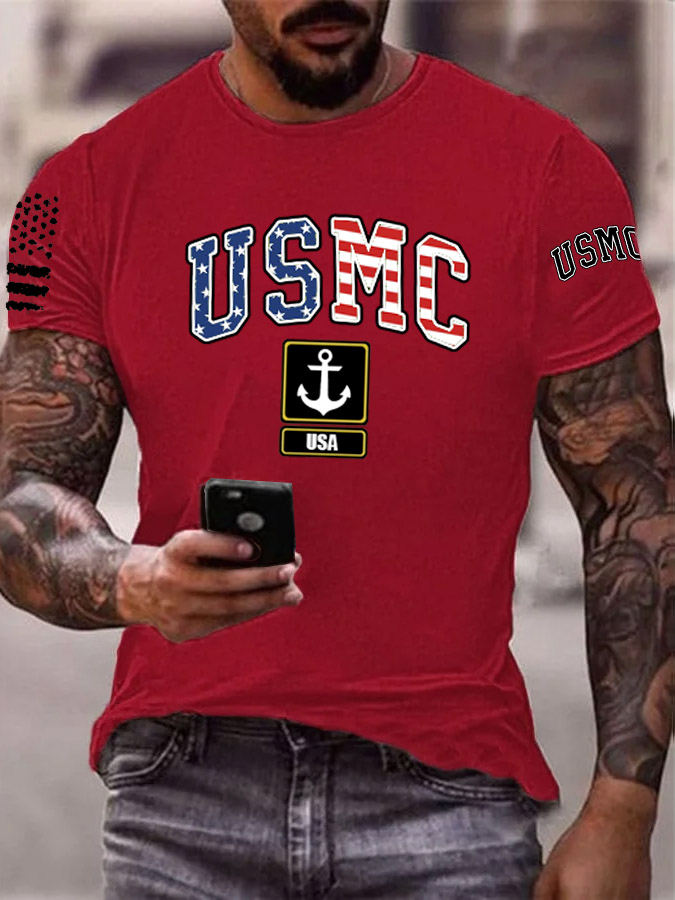 Men's Usmc Anchor Pattern Print Cotton T-Shirt