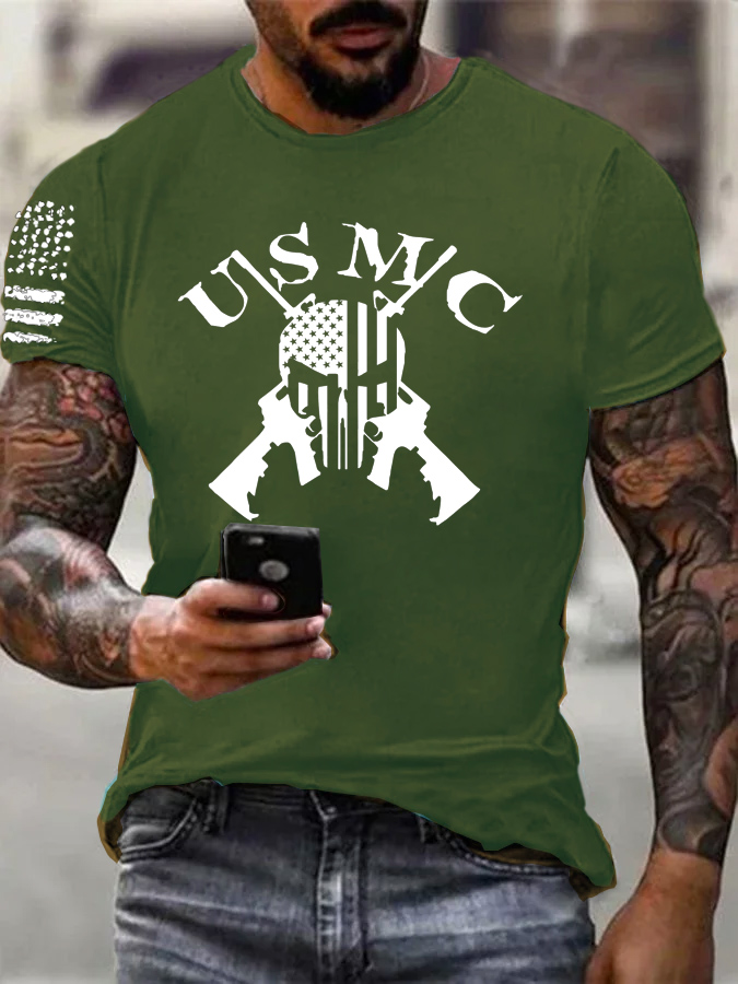 Usmc Skull Pattern Print 100%Cotton T-Shirt