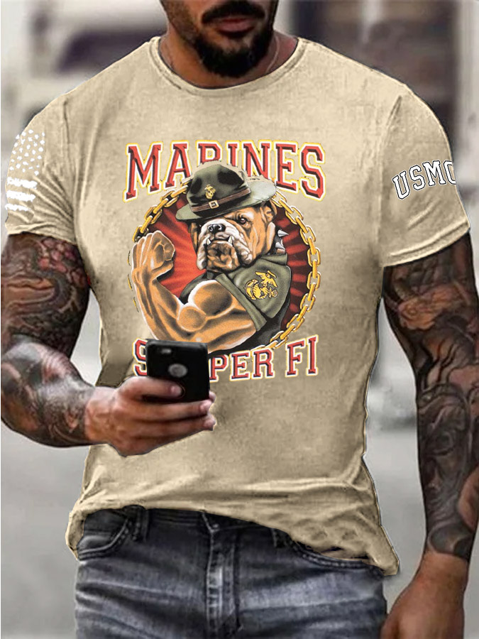 Men's Marines Semper Fi Strong Bulldogs Pattern Print Cotton T-Shirt