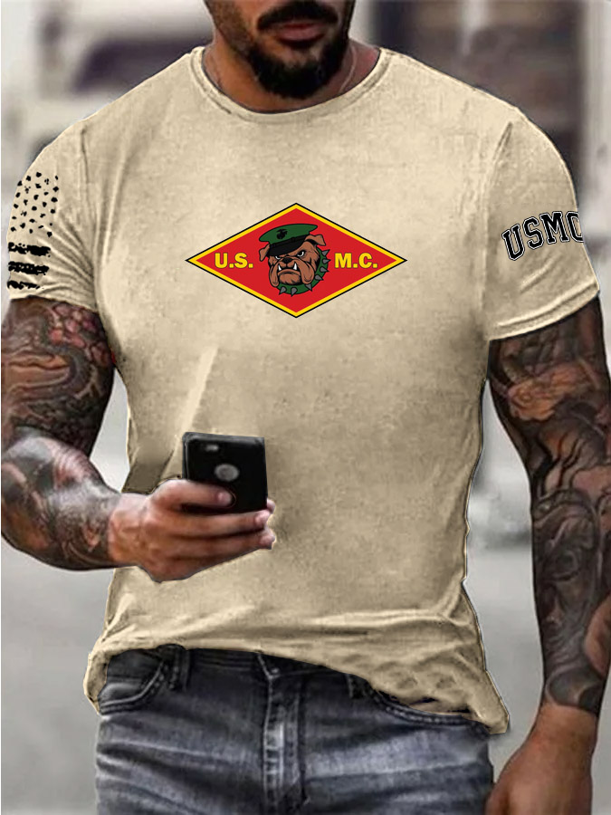 Men's Bulldog USMC Pattern Print 100%Cotton T-Shirt