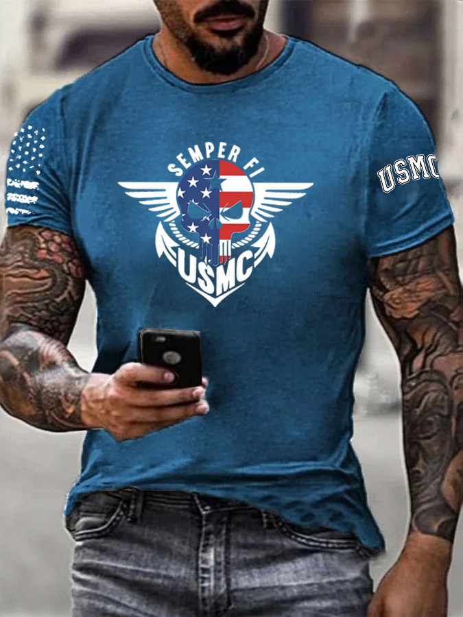 Men's Usmc Semper Fi American Flag Skull Pattern Print Cotton T-Shirt