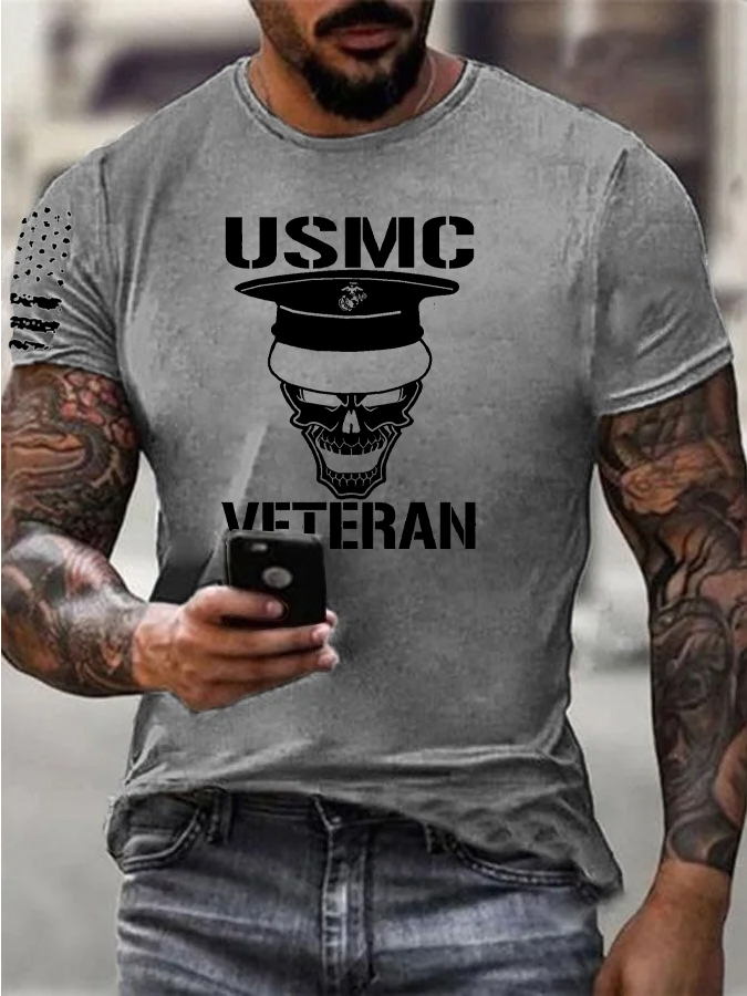 Usmc Skull Veteran Pattern Print 100% Cotton T-Shirt