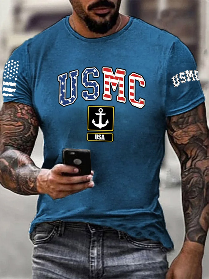 Men's Usmc Anchor Pattern Print Cotton T-Shirt