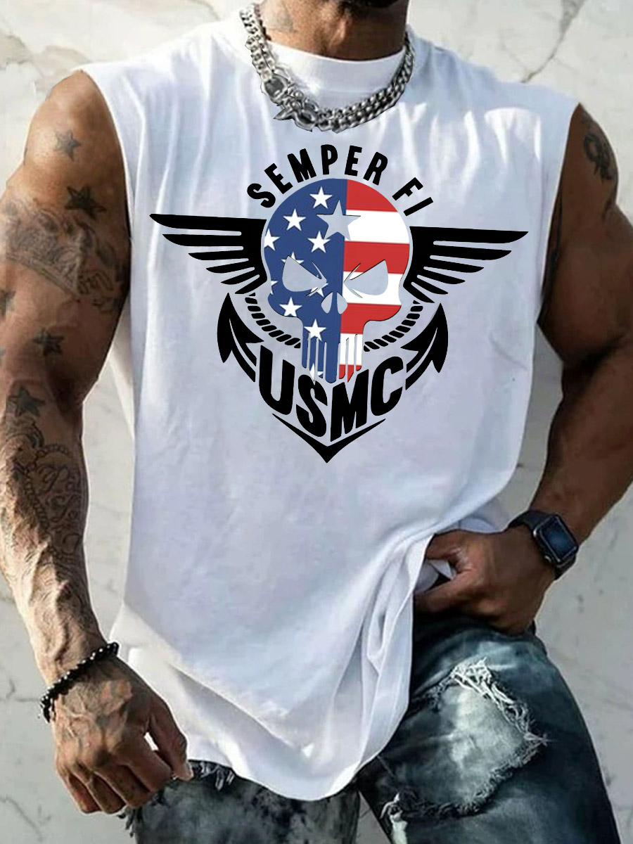 Men's American Skull USMC Semper Fi Pattern Print Vest
