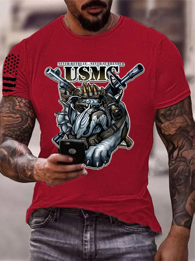 Men's Usmc Cool Bulldog And Gun Pattern Print Cotton T-Shirt