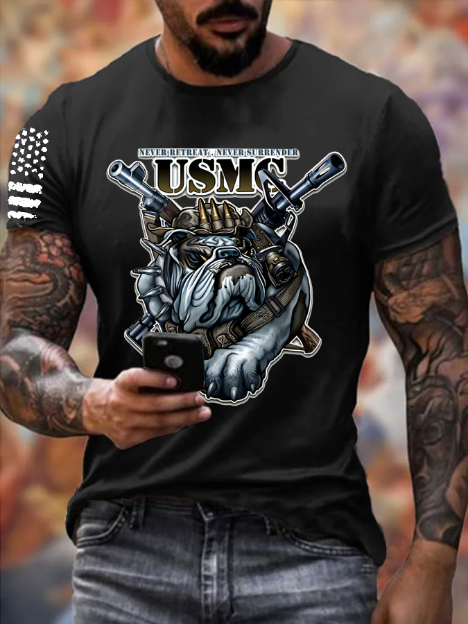 Men's Usmc Cool Bulldog And Gun Pattern Print Cotton T-Shirt